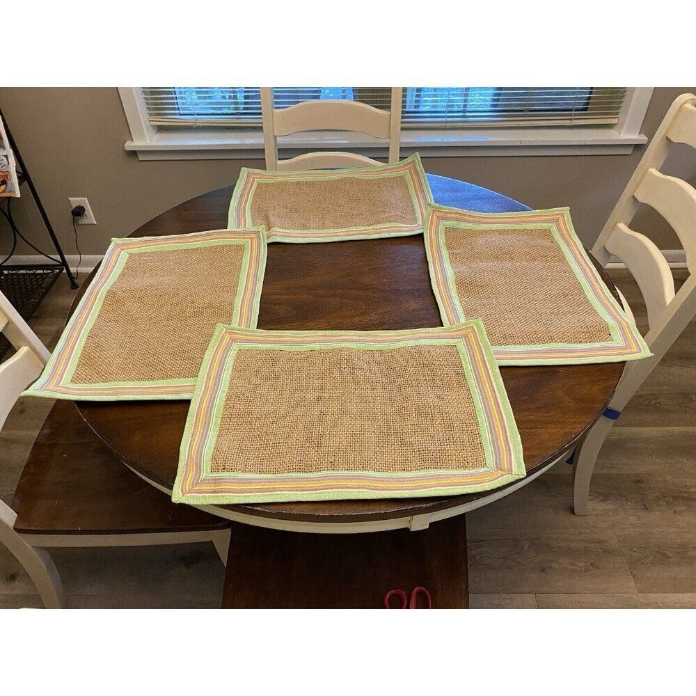Burlap Green Pink Border Placemats Set of 8 Summer Outdoors Beach house Cottage